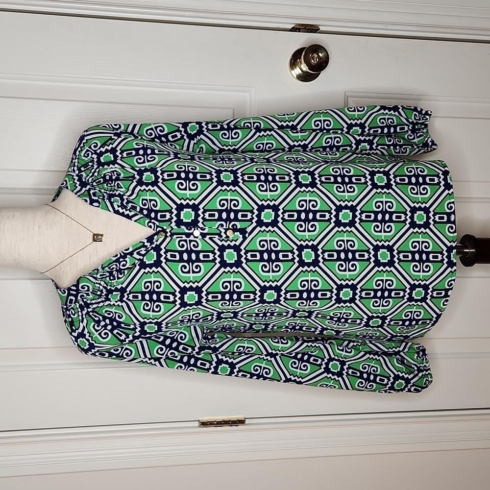 Macbeth Collection by Margaret Josephs Navy/Green/White Blouse Size S